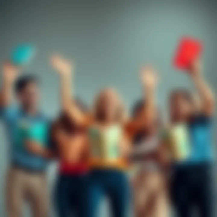 A group of five excited people holding books, smiling and raising their hands to join a special reading offer.