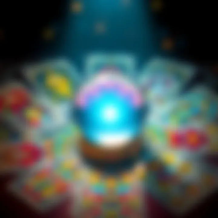 A colorful tarot card spread with a crystal ball, inviting people to get free readings and provide feedback.