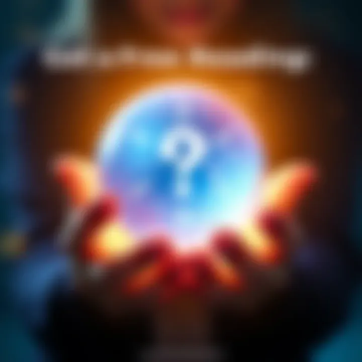 An inviting graphic showing a person holding a crystal ball with three question marks above it, symbolizing the opportunity to ask questions for clarity.