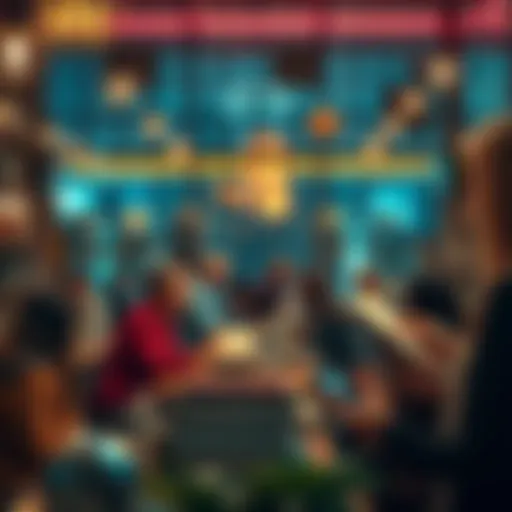 A vibrant scene of people chatting about books and sharing recommendations in a cozy environment.