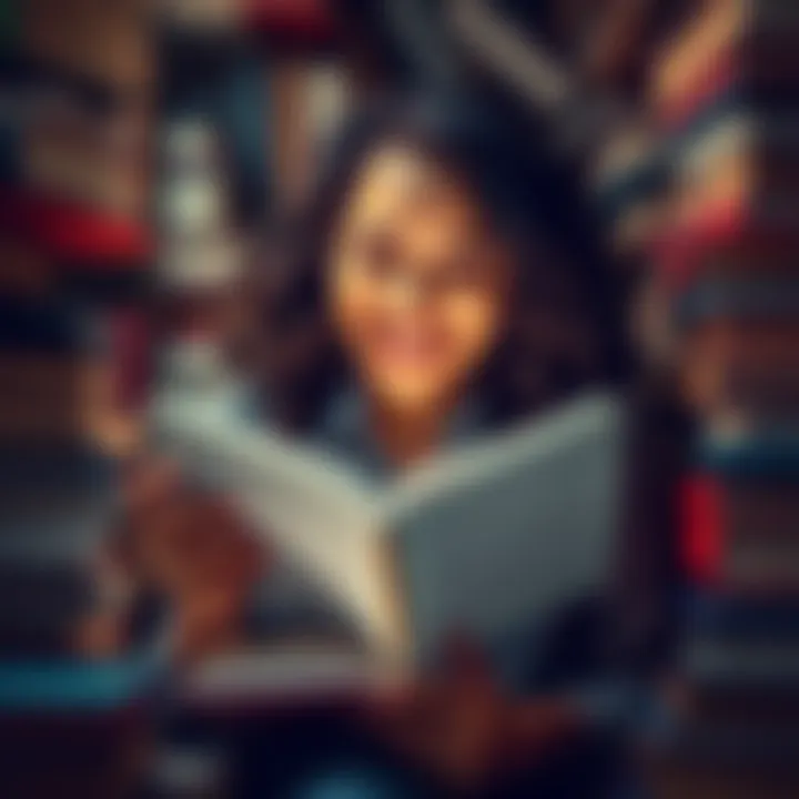 A person surrounded by books with an open book in hand, smiling and engaging with the content, highlighting the joy of reading and learning.