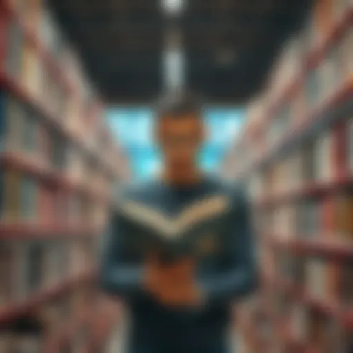 A person reading a book in a public library surrounded by shelves filled with books and digital devices.