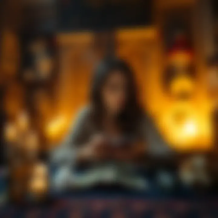 A person sitting at a table with tarot cards, looking contemplative, surrounded by candles and crystals.