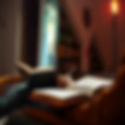 A person engaging in a reading session with a book and a notebook, ready to answer questions from others.