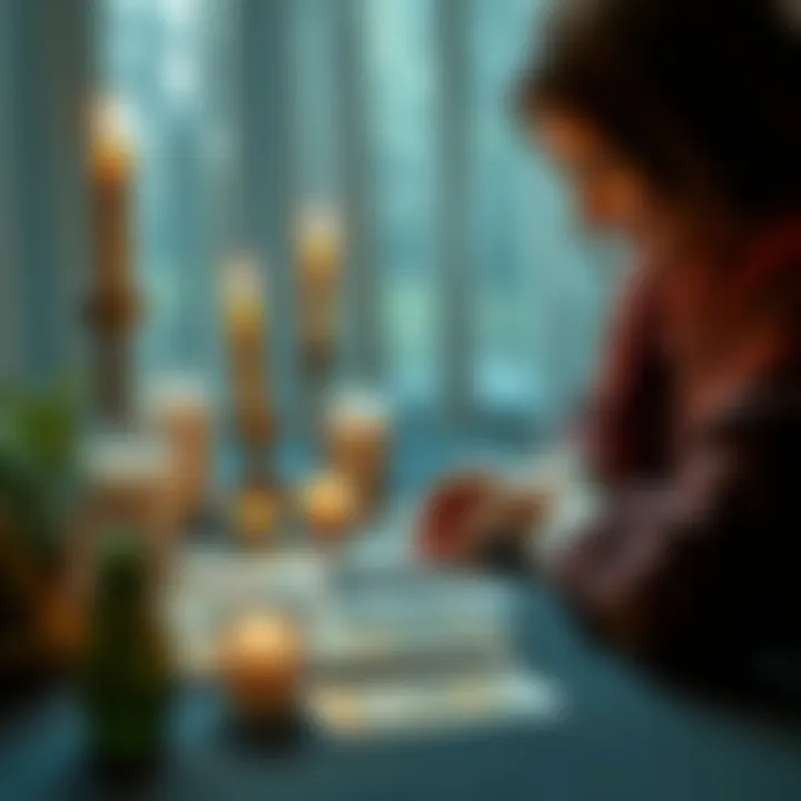 A person looking at tarot cards on a table with candles and crystals, inviting participation in a free reading offer.
