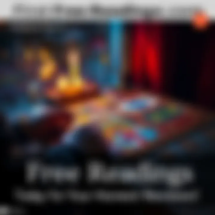 Free Reading Session A person receiving a tarot card reading with a colorful spread of cards on a table.