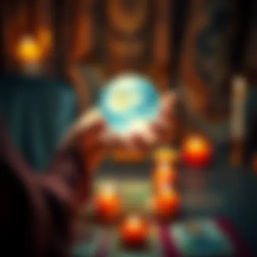 A person holding a crystal ball surrounded by candles and tarot cards, inviting people to join for free readings.