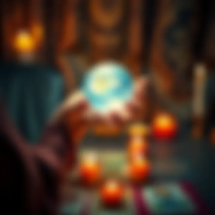 A person holding a crystal ball surrounded by candles and tarot cards, inviting people to join for free readings.