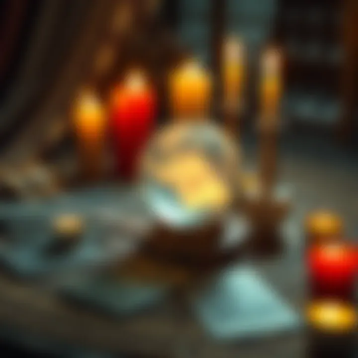 Free Reading Session A crystal ball surrounded by tarot cards and candles, representing a fortune-telling scene