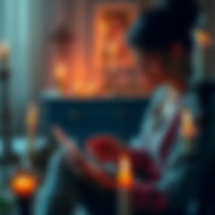 A person looking at tarot cards, asking questions about their life, surrounded by candles and a serene setting.