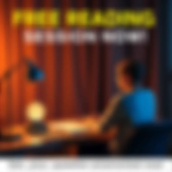 A person sits at a desk with a laptop and a crystal ball, inviting people to ask questions in a direct message for free readings.