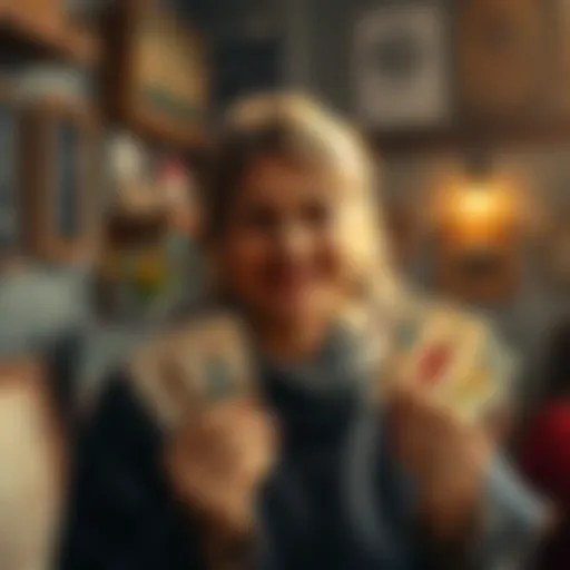 A person offering free reading sessions with tarot cards and a welcoming smile, inviting people to join.