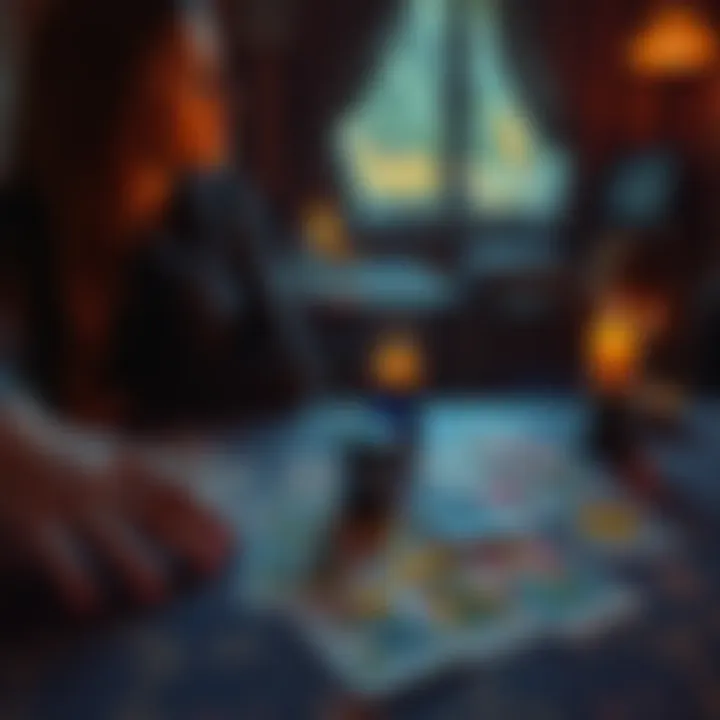 A person sitting at a table with tarot cards spread out, engaged in a reading