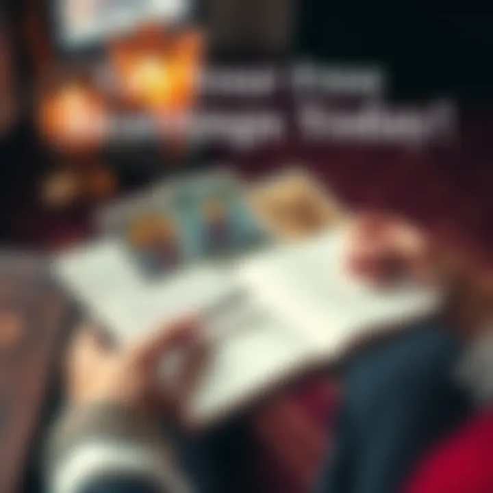 A welcoming image showing a person holding tarot cards with an open notebook and pen, inviting people to ask questions for free readings.