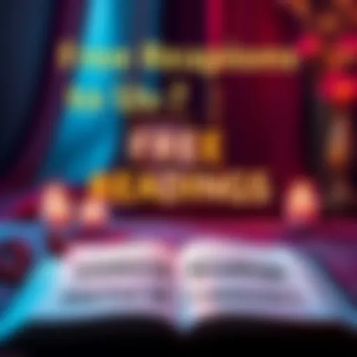 A welcoming graphic inviting people to get free personalized readings about love and work, featuring an open book with glowing text and candles.