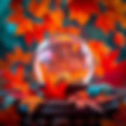 A vibrant autumn-themed graphic featuring a crystal ball and leaves, promoting free readings with cozy colors.