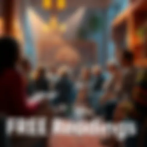 Free Readings Event A welcoming scene showing a group of people engaged in discussions, sharing questions for free readings, with a warm atmosphere and comforting setting.