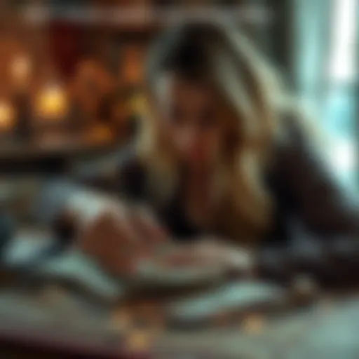 A person looking at tarot cards with a notebook, inviting questions for free readings.