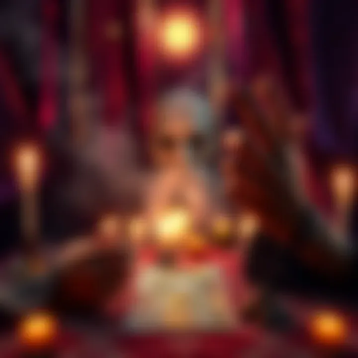 A person asking a question for a free reading session, surrounded by a mystical atmosphere with tarot cards and candles.