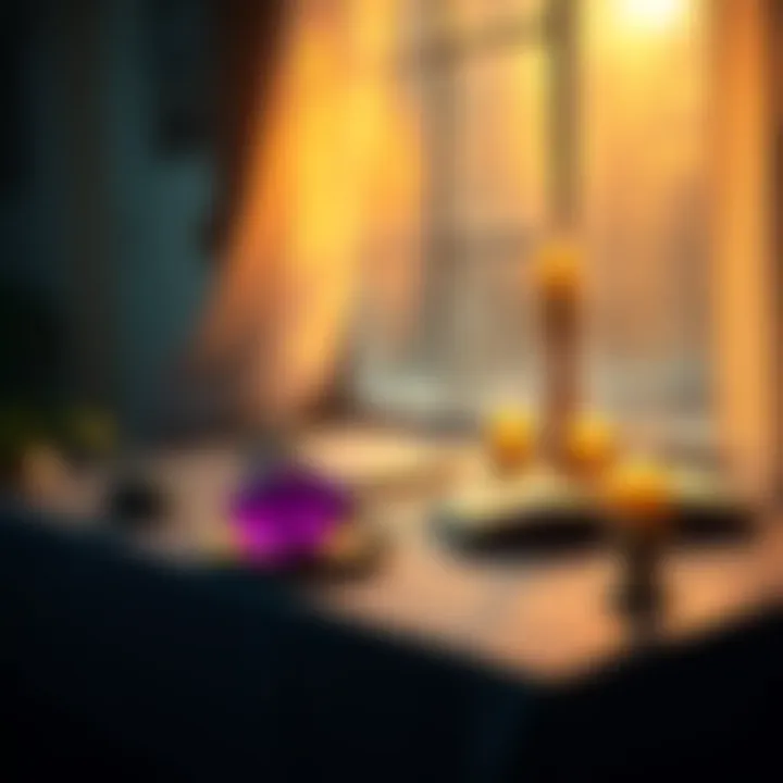 A welcoming scene with a table set for tarot card readings, crystals, and candles, inviting participants for personal insight and guidance