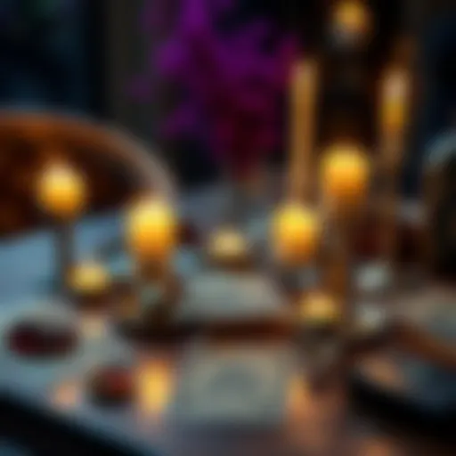 Free Readings for Love and Growth A table with tarot cards, candles, and crystals, representing free readings for love, career, and personal growth.