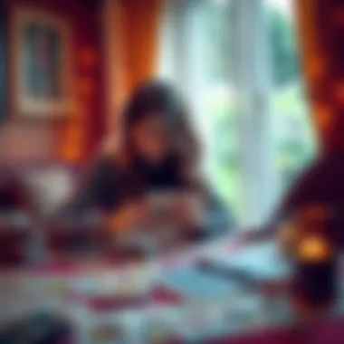 A person looking at tarot cards on a table, exploring insights into love, work, and health through free readings.