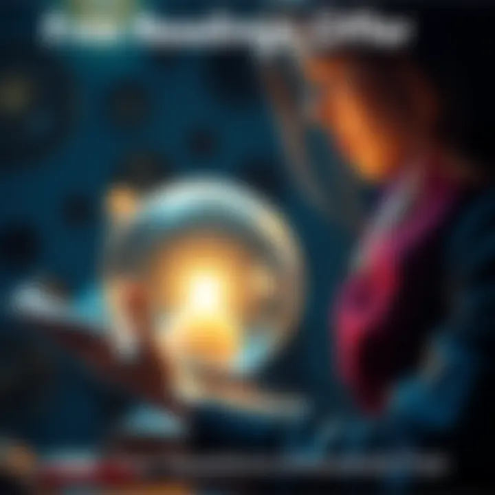 A person looking at a crystal ball, contemplating questions while holding a notebook and pen, symbolizing free readings for insights.