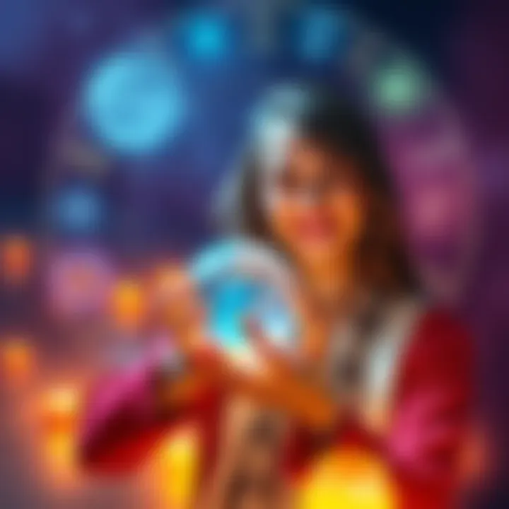 A person offers free readings, holding a crystal ball and smiling, surrounded by mystical symbols.