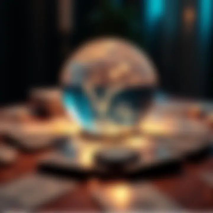 A crystal ball on a table with tarot cards spread out, representing free readings available