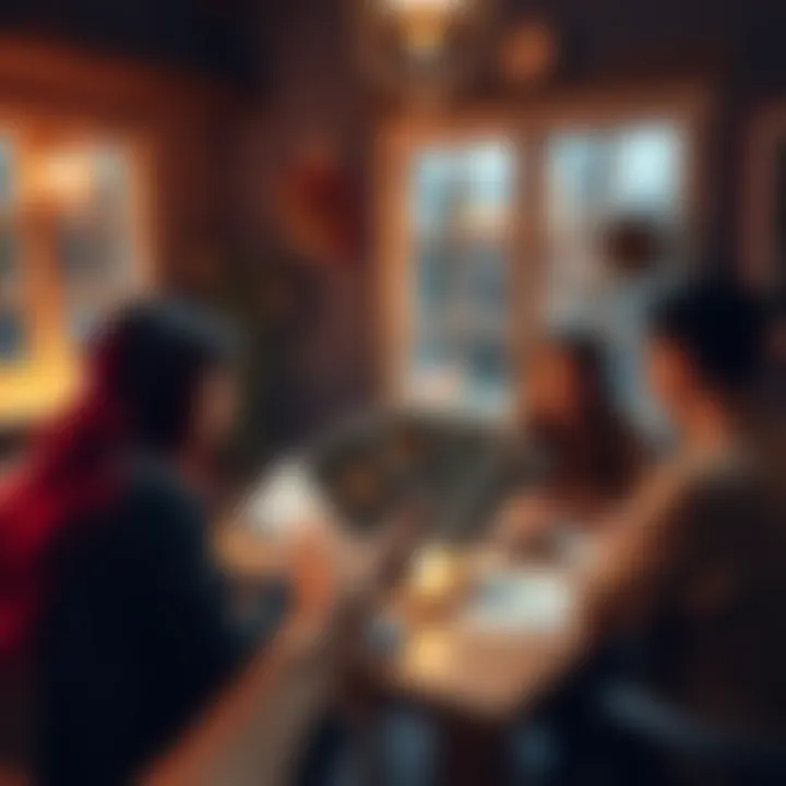 A person holding tarot cards offering free readings to others at a cozy setting