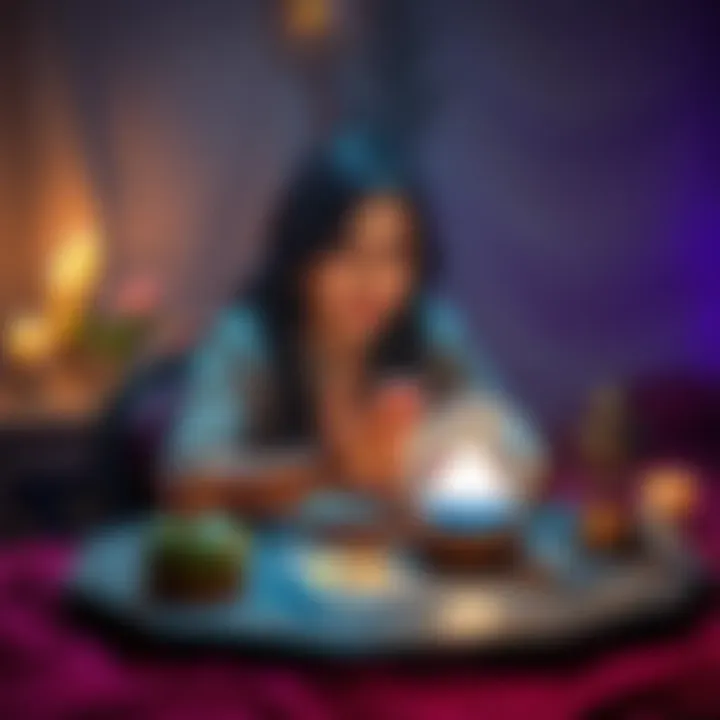 A person sitting at a table with tarot cards and a crystal ball, inviting others for free readings