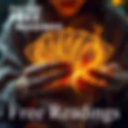 A person holding tarot cards with a warm glow around them, inviting people to connect for free readings and feedback.
