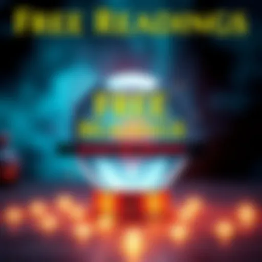 A graphic showing a crystal ball with glowing symbols around it, inviting people to sign up for free readings.