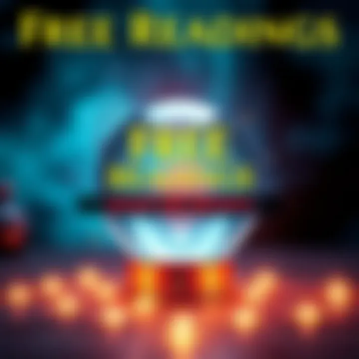 A graphic showing a crystal ball with glowing symbols around it, inviting people to sign up for free readings.