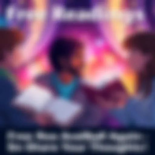 A vibrant graphic showing people sharing their thoughts and experiences about free readings, with open books illustrated