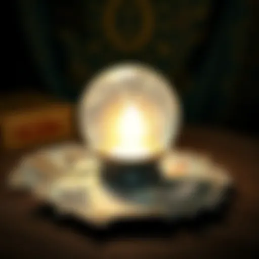 A crystal ball glowing with a soft light, with tarot cards spread out beside it, inviting people for free readings.