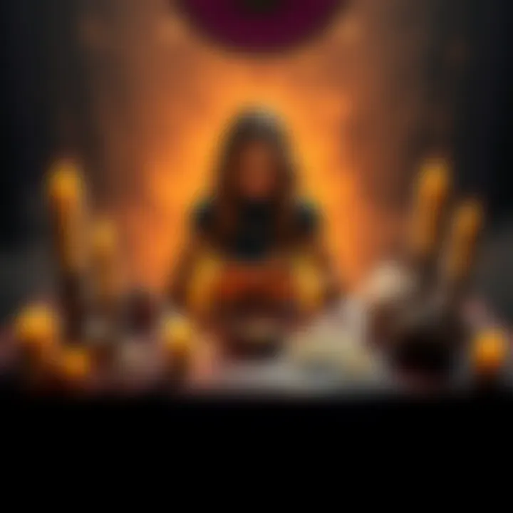 A person sitting at a table with tarot cards, inviting others to join for free readings, with candles and crystals around them.