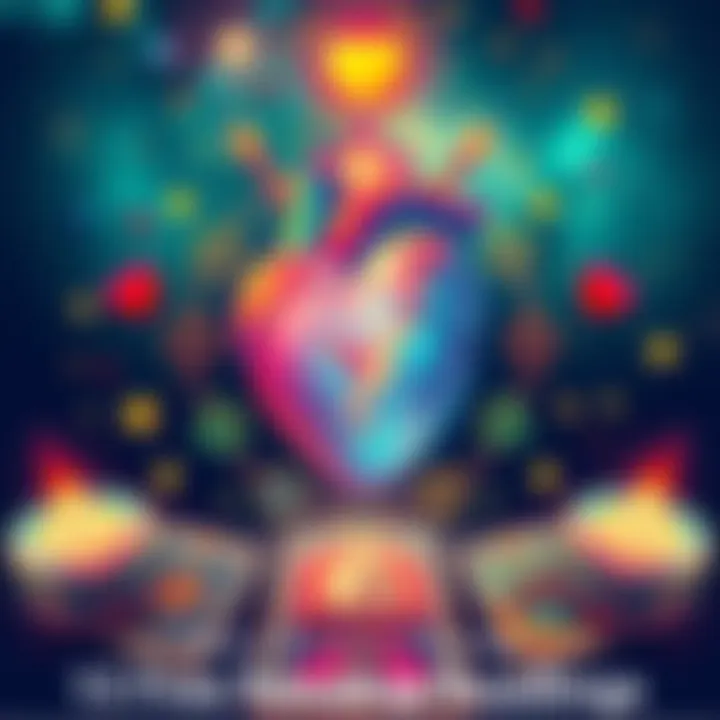 A colorful illustration showing a heart surrounded by astrological symbols and tarot cards, inviting people to explore their love potential through free readings.