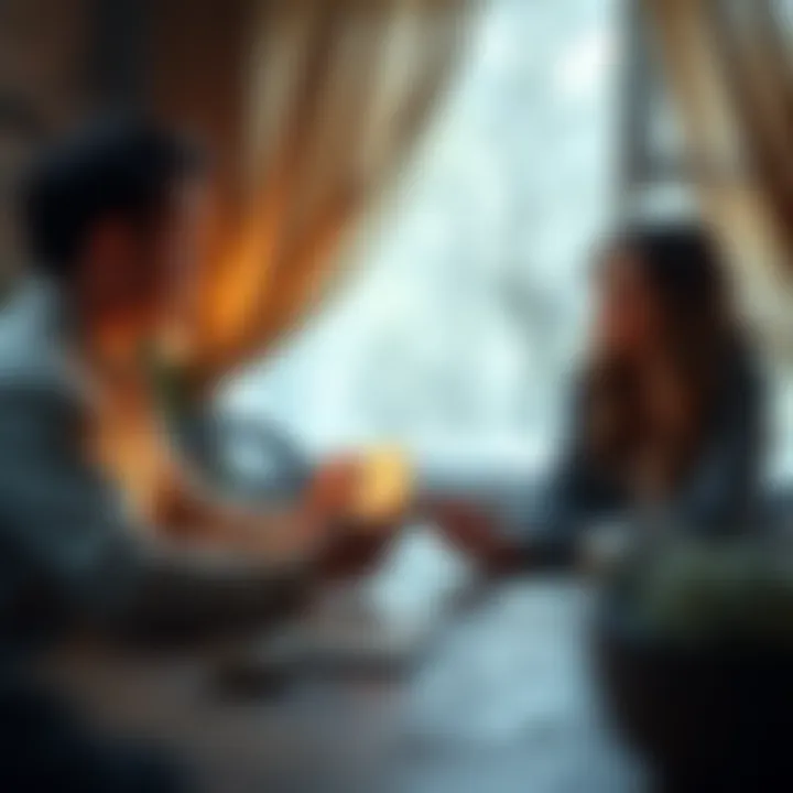 A calm setting with a person sitting at a table, holding a crystal while talking with a mystic, who is using tarot cards and offering gentle insights about emotional blocks and relationships.