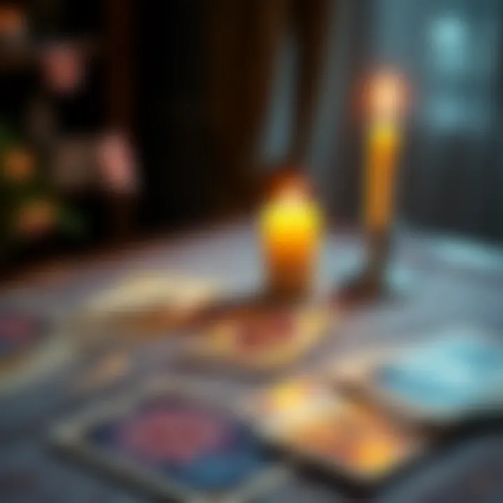 A serene setting with tarot cards spread out on a table and a glowing candle, symbolizing spiritual guidance and healing.
