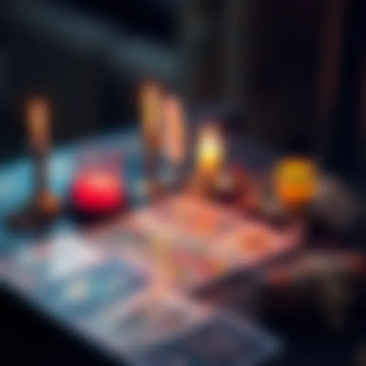 A colorful tarot card spread on a table with candles and crystals, inviting participants for free readings.