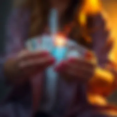 Person holding tarot cards with a glowing energy around them, inviting others to join for free readings on manifestations