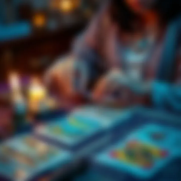 An intermediate tarot reader shuffles tarot cards on a table with a glowing candle nearby