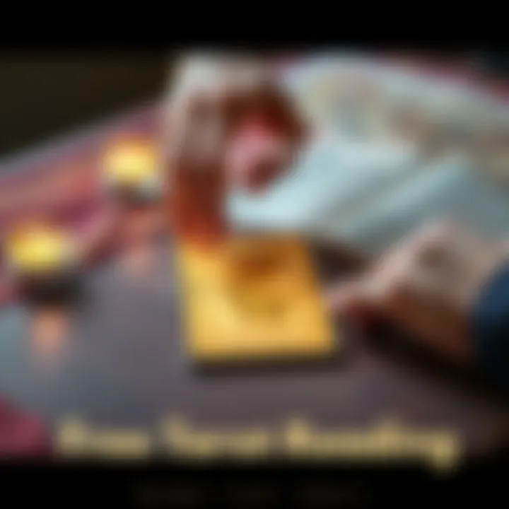 Free Tarot Reading A tarot card on a table with a personโs hand reaching for it, symbolizing personal growth and clarity.