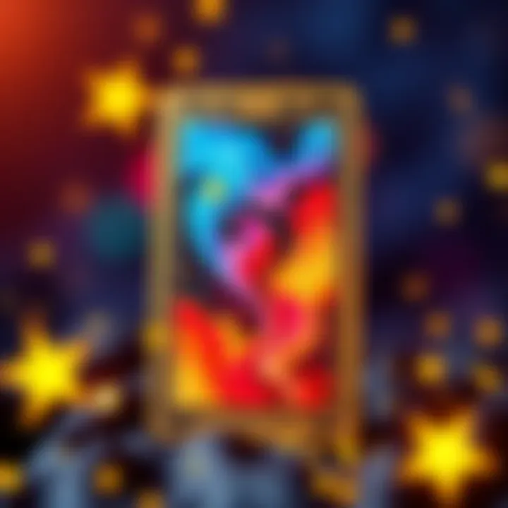 A colorful tarot card with a question mark, inviting people for a free one question reading, surrounded by star icons and sparkles.