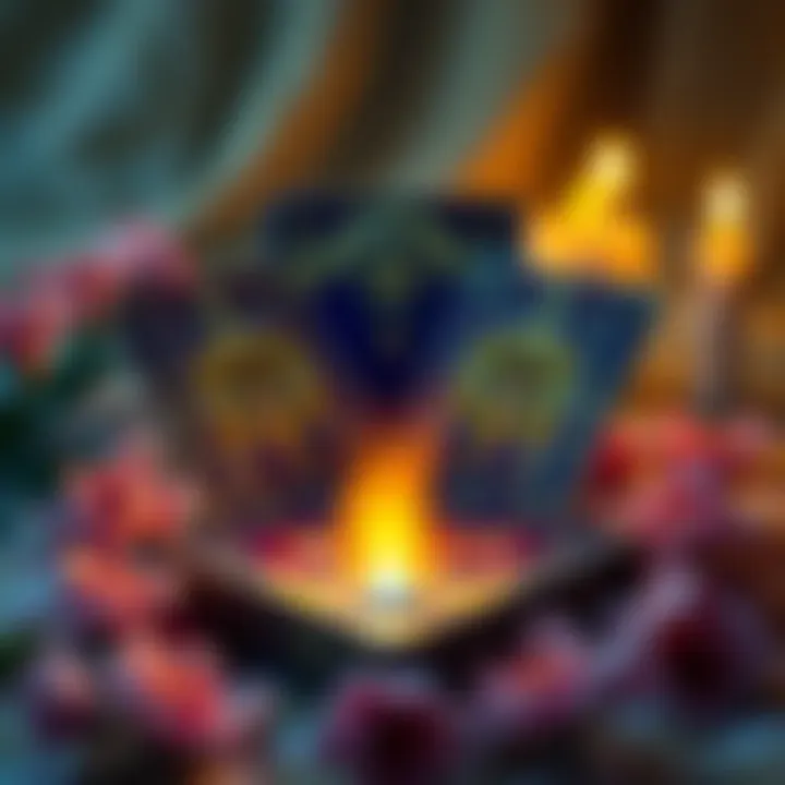 An open tarot card deck with a glowing light in the center, inviting people to participate in free tarot readings, surrounded by flowers