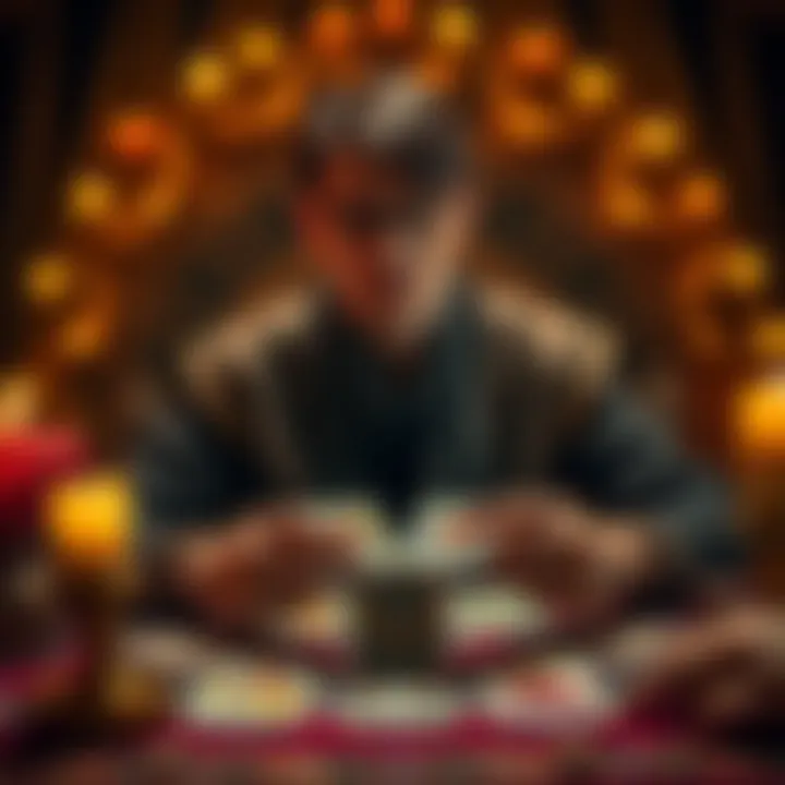 A tarot reader performs a reading using the Tarot of Mystical Moments Deck, inviting people for free sessions.