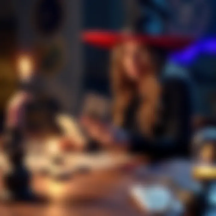 A witch performing a tarot card reading with cards spread on a table, inviting participants to join for free readings.