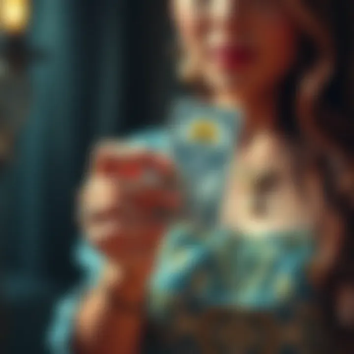 A person holding a tarot card and offering a free reading in exchange for feedback