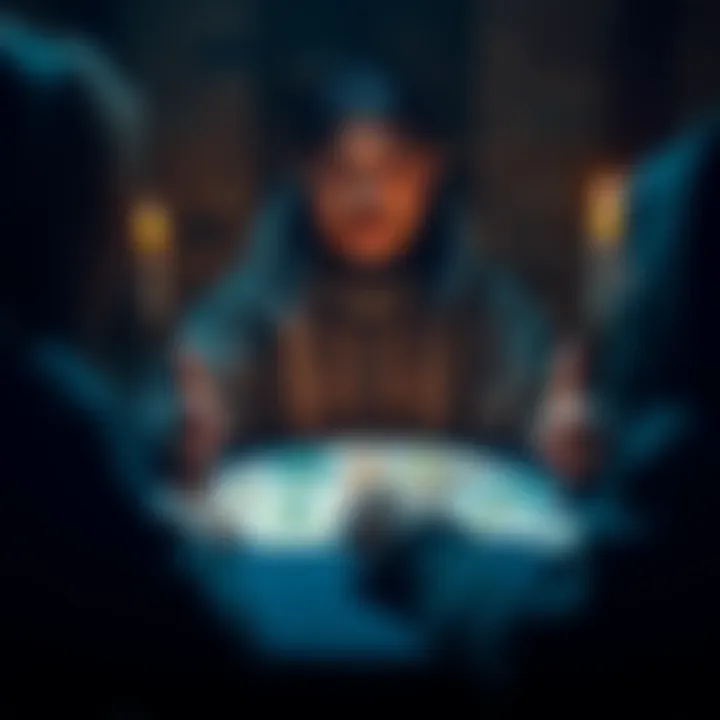 A tarot reader with cards spread out, inviting people for free readings, with a calm atmosphere.